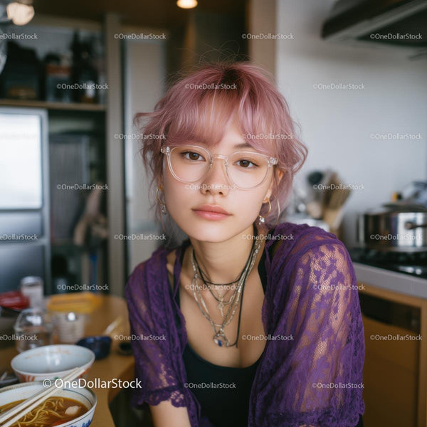 Trendy Young Woman with Pink Hair in Modern Kitchen