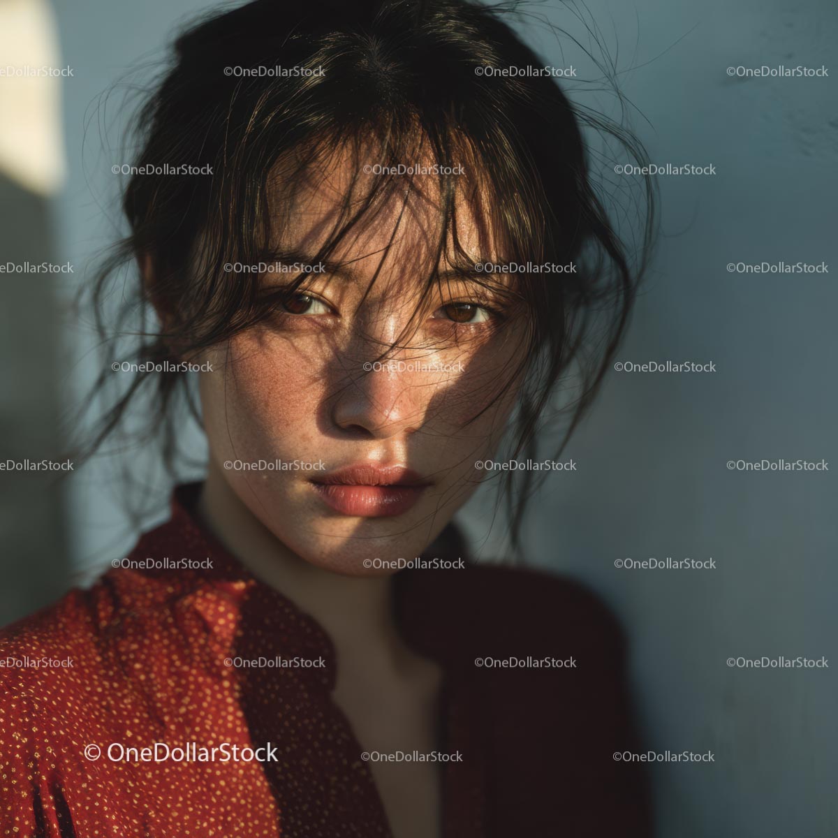 Brunette Woman in Red Blouse with Dramatic Lighting