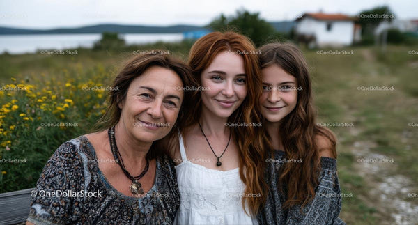Three Generations Smiling Together in Countryside