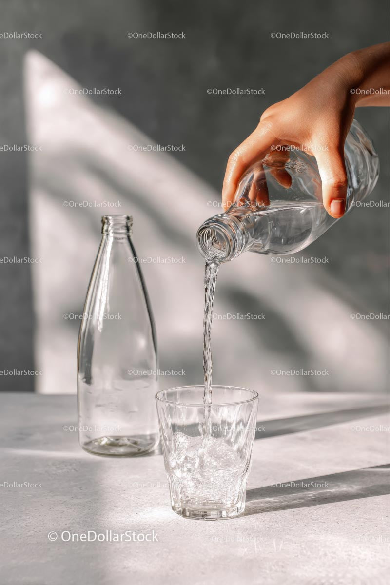 Pouring Fresh Water into a Glass on Sunny Morning