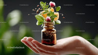 Aromatic Essential Oil Bottle with Fresh Herbs and Citrus