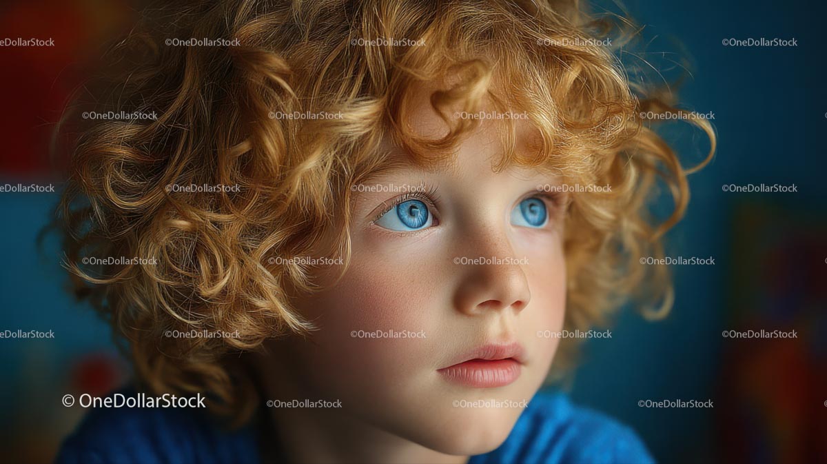 Young Boy with Curly Hair and Blue Eyes in Thought