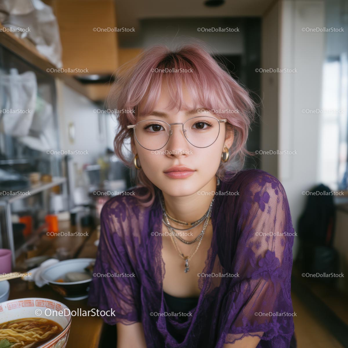 Stylish Young Woman in Purple Lace with Ramen