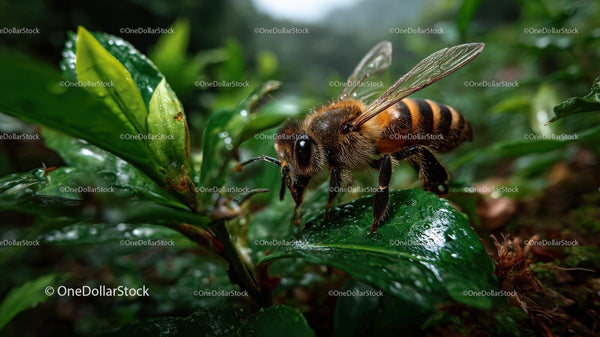 Honeybee Resting on Dewy Green Leaves in Lush Garden