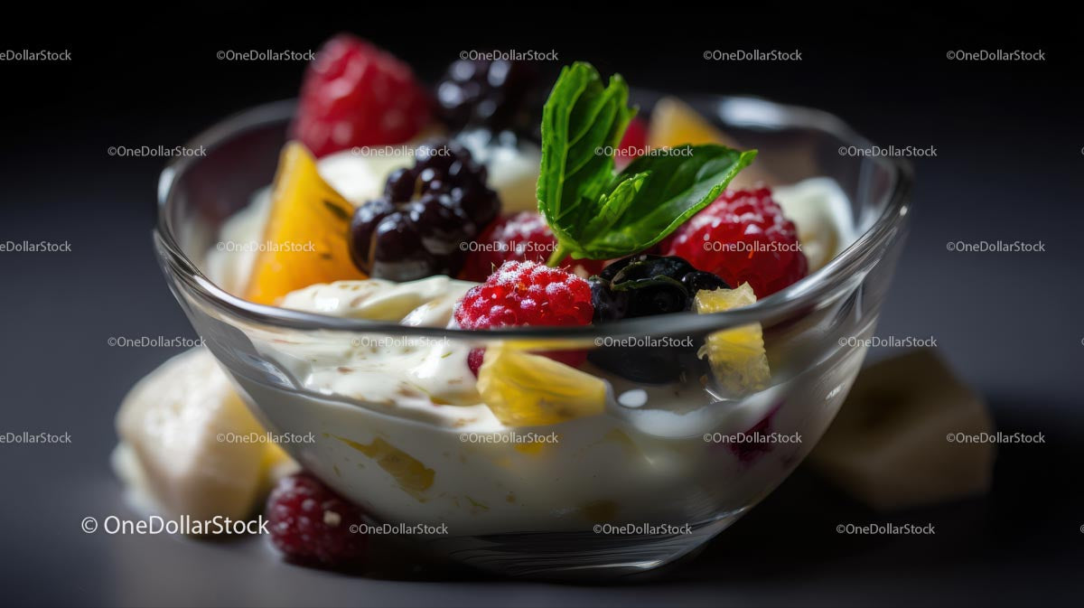 Mixed Berries and Mango in Creamy Yogurt with Mint