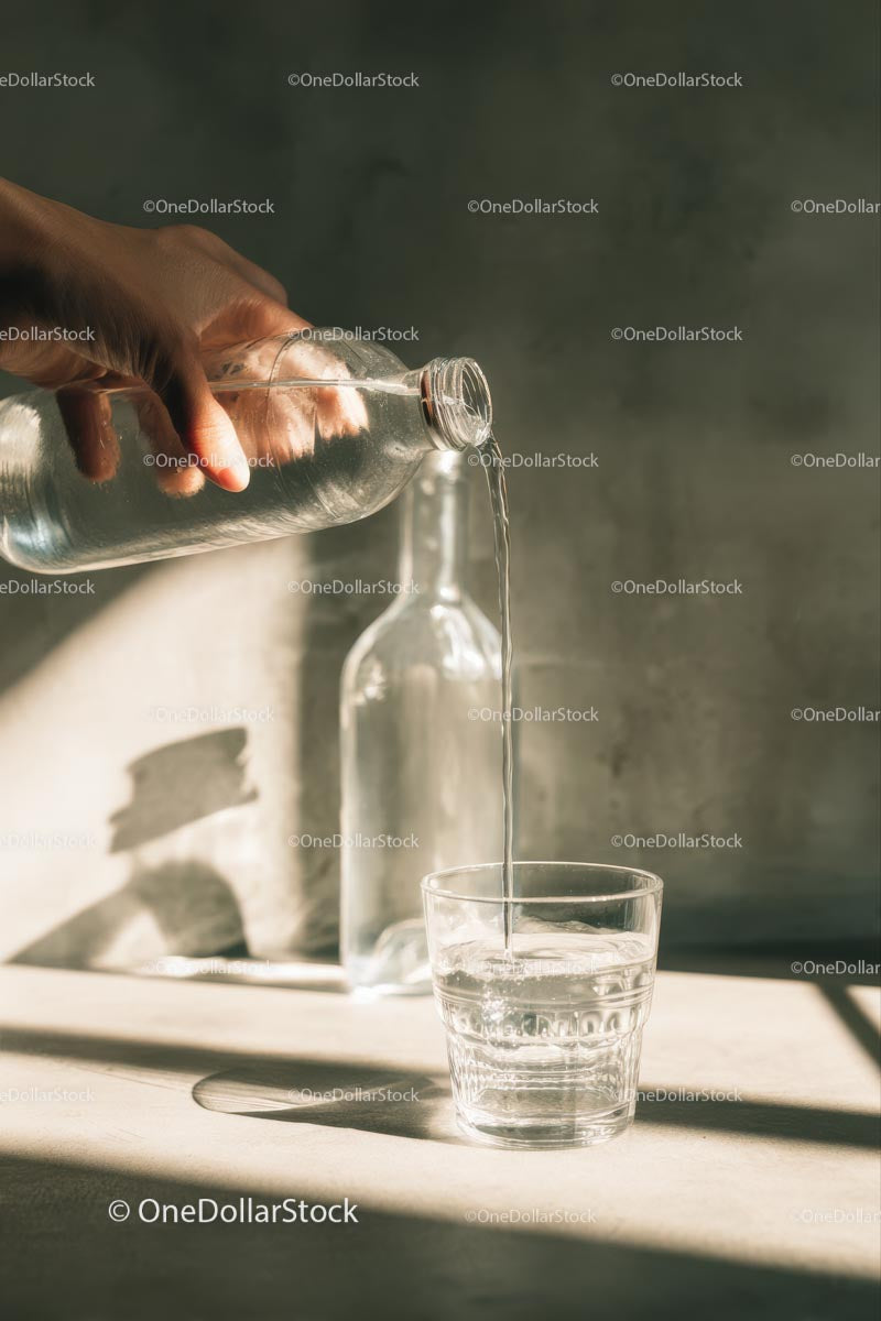 Pouring Water from Glass Bottle into Drinking Glass