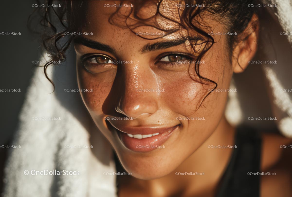 Smiling Woman with Curly Hair in Sunlight