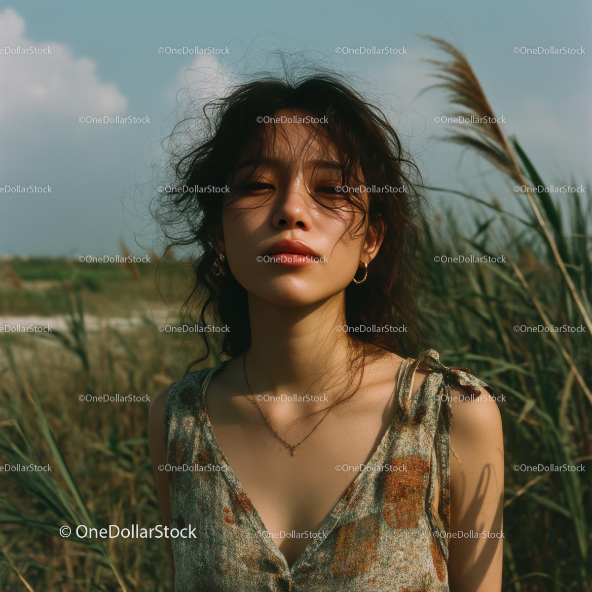 Sunlit Woman in a Serene Grassy Field Outdoors