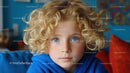 Bright-Eyed Child with Curly Blonde Hair in Blue Sweater