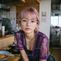 Trendy Woman with Pink Hair in a Cozy Kitchen