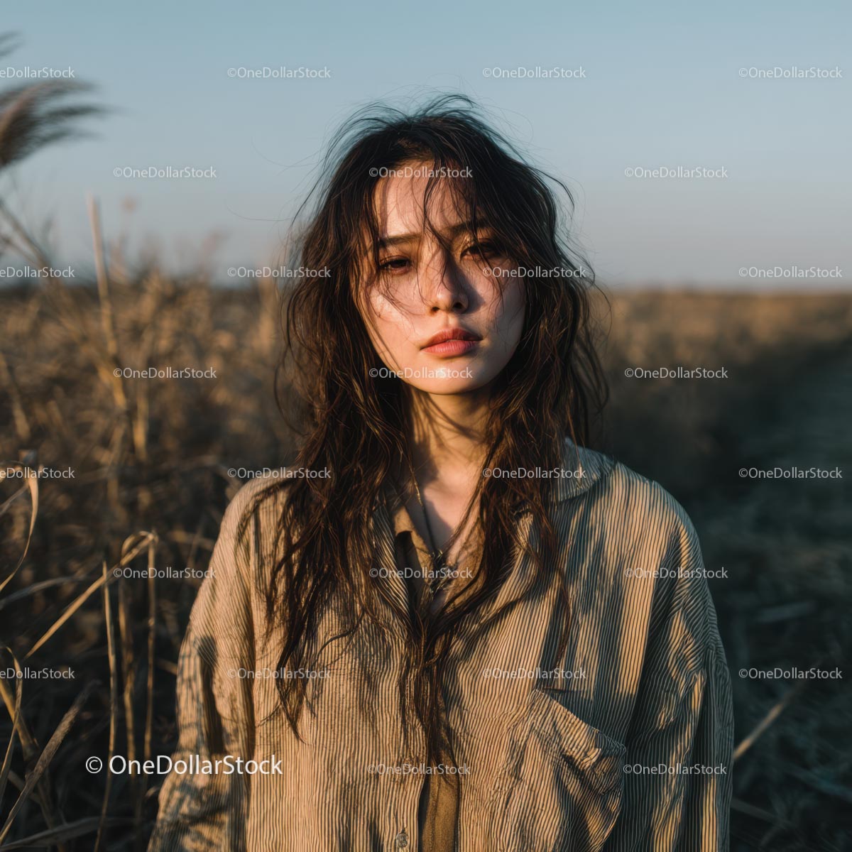 Young Woman in Rustic Field with Windswept Hair