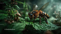 Close-Up of Honeybee on Vibrant Green Leaves