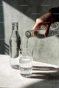 Pouring Water into a Glass with Sunlit Reflections