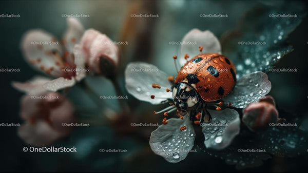 Ladybug Resting on Dew-Covered Blossom