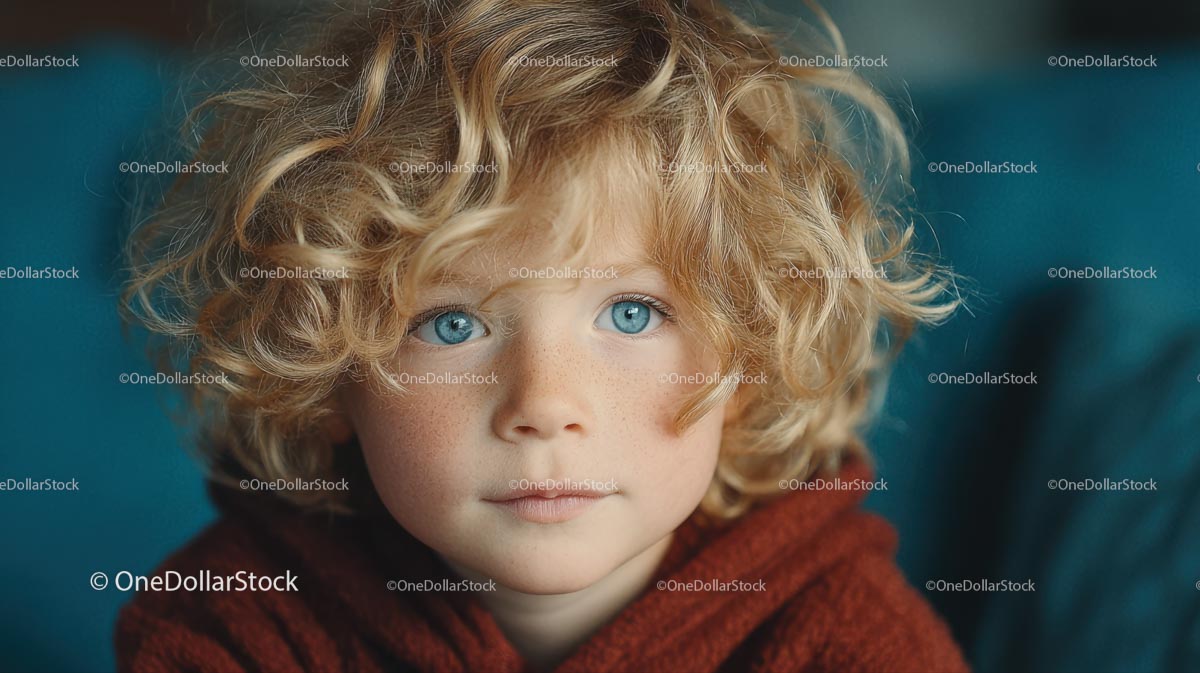Portret kręconego blond dziecka z urzekającymi niebieskimi oczami