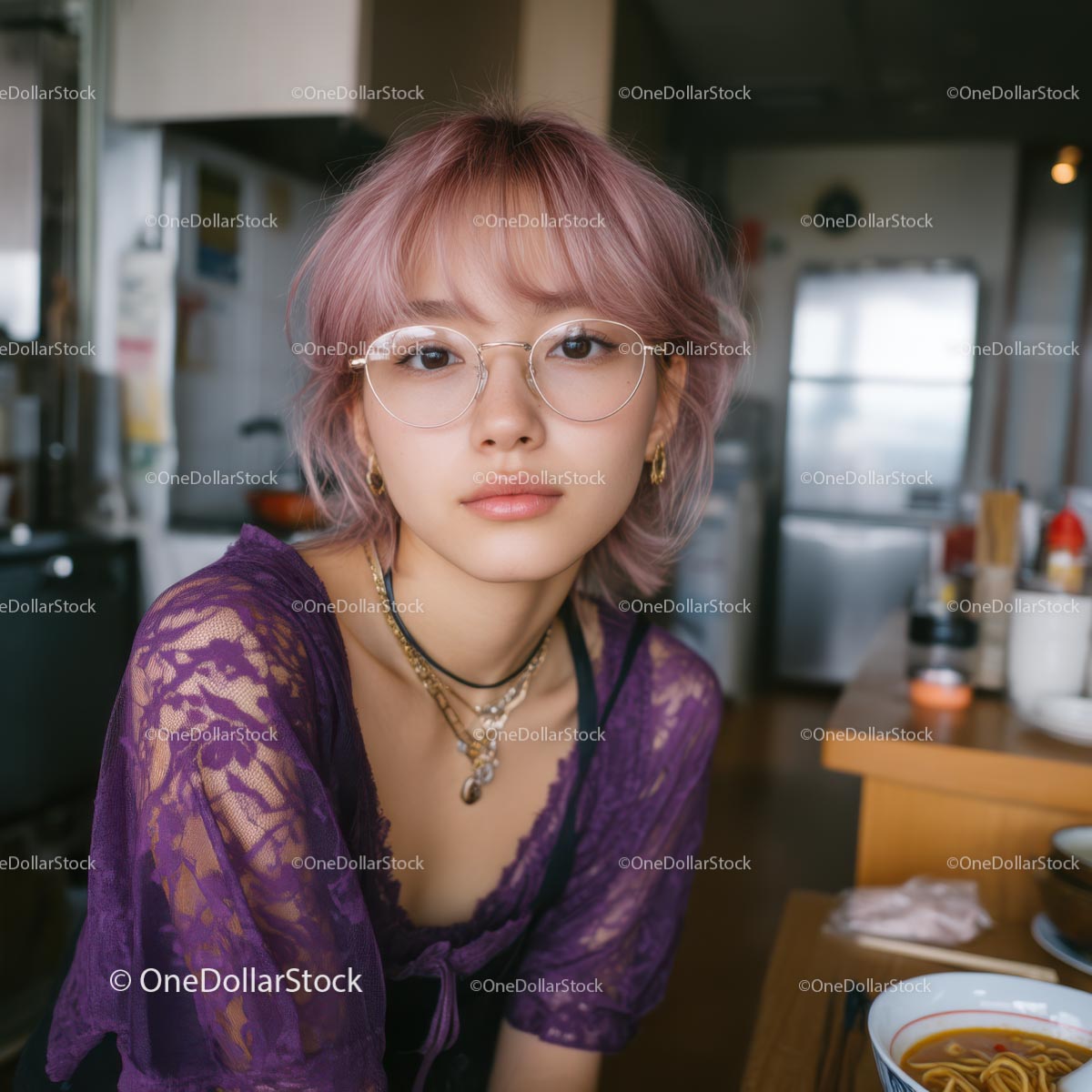 Trendy Young Woman with Pink Hair and Purple Attire