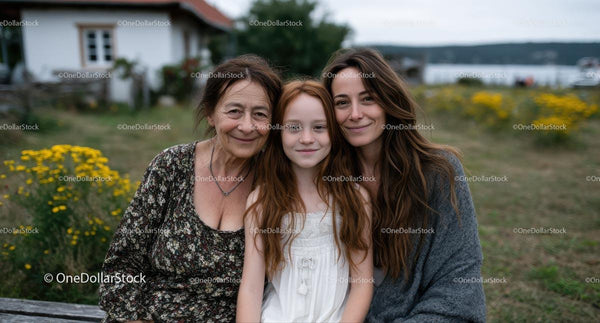 Three Generations of Women Smiling in a Garden Setting