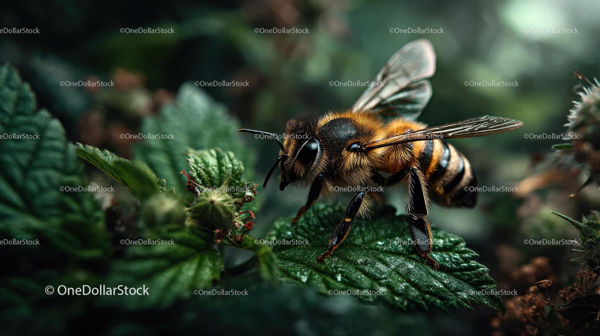 Makrofotografia pszczoły miodnej na zielonym liściu