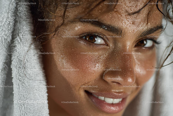 Smiling Woman with Glowing Skin Wrapped in Towel