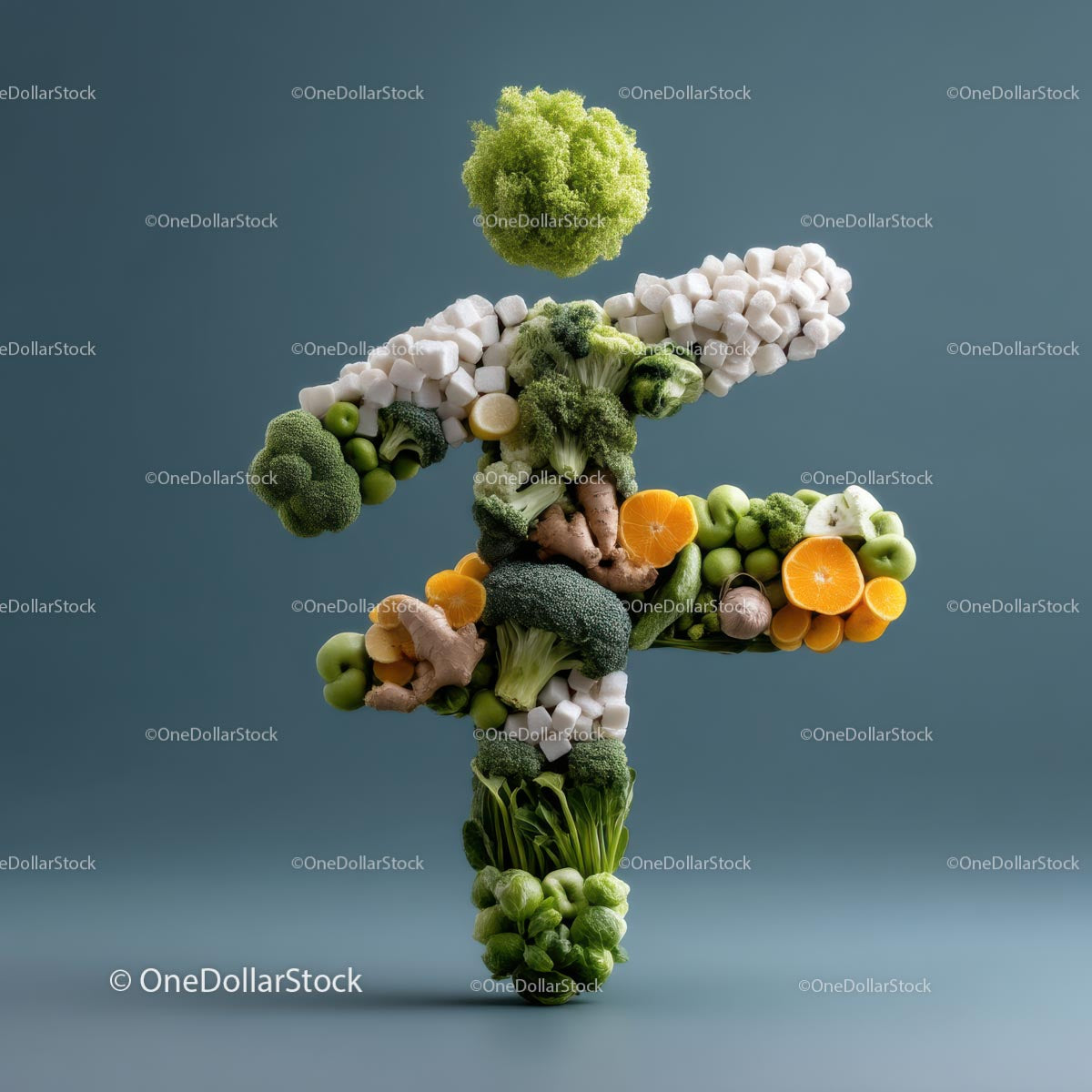 Vegetable and Fruit Sculpture on Blue Background