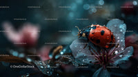 Ladybug on Dewy Flower at Dawn