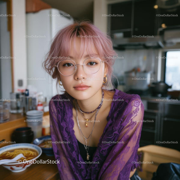 Stylish Young Woman with Pink Hair and Glasses in Kitchen