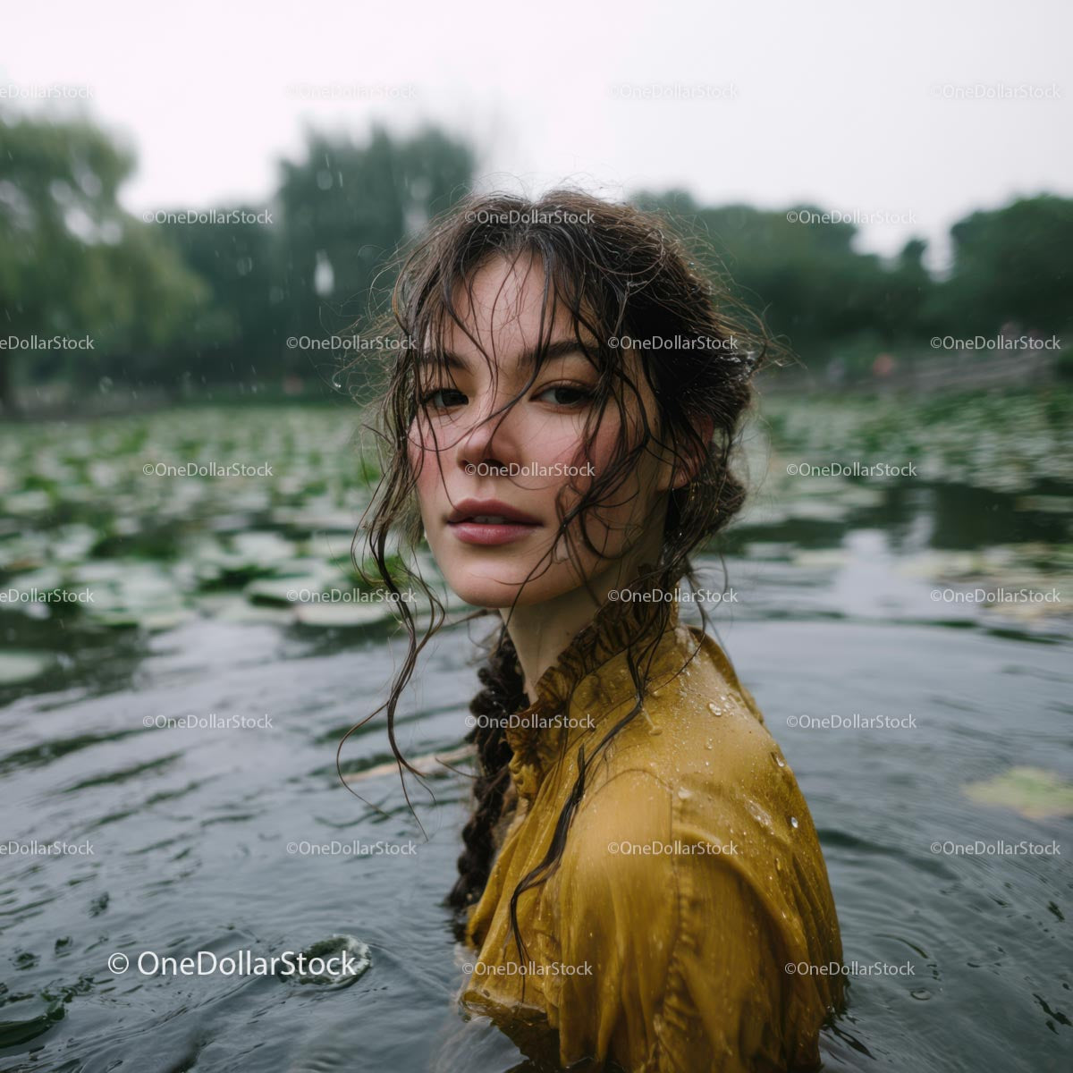Woman in Yellow Dress Relaxing in Serene Lake