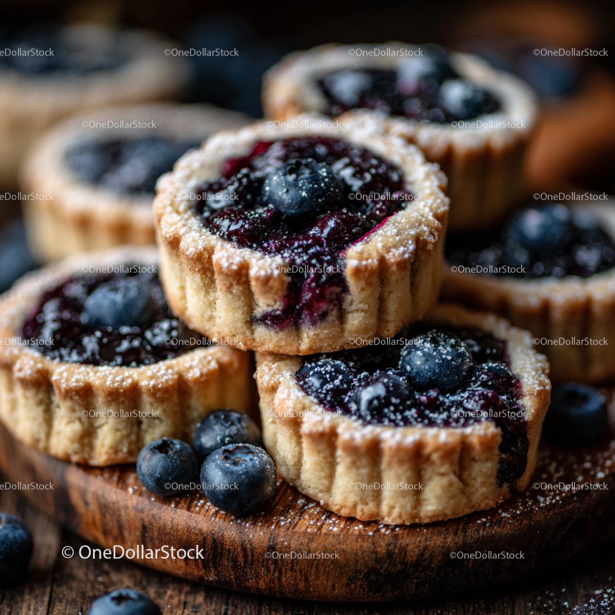 Homemade Blueberry Tarts on Wooden Board