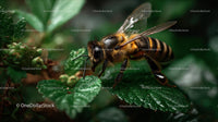 Macro Shot of Honey Bee on Green Leaf