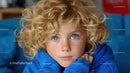 Blonde Child with Curly Hair and Blue Eyes in a Blue Hoodie