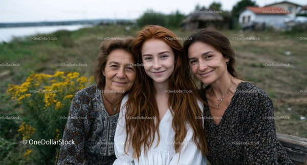 Three Generations of Women Smiling in a Scenic Field