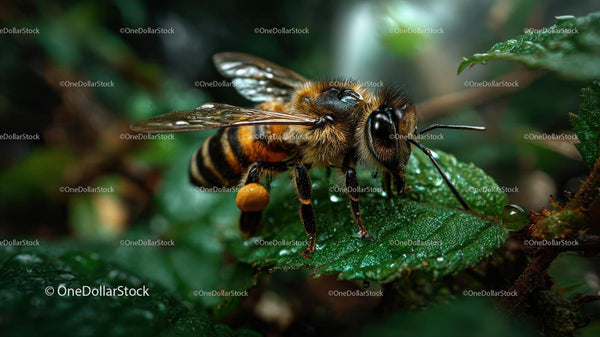 Close-Up of Honey Bee on a Leaf with Pollen