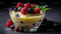 Creamy Custard with Fresh Berries in Glass Bowl
