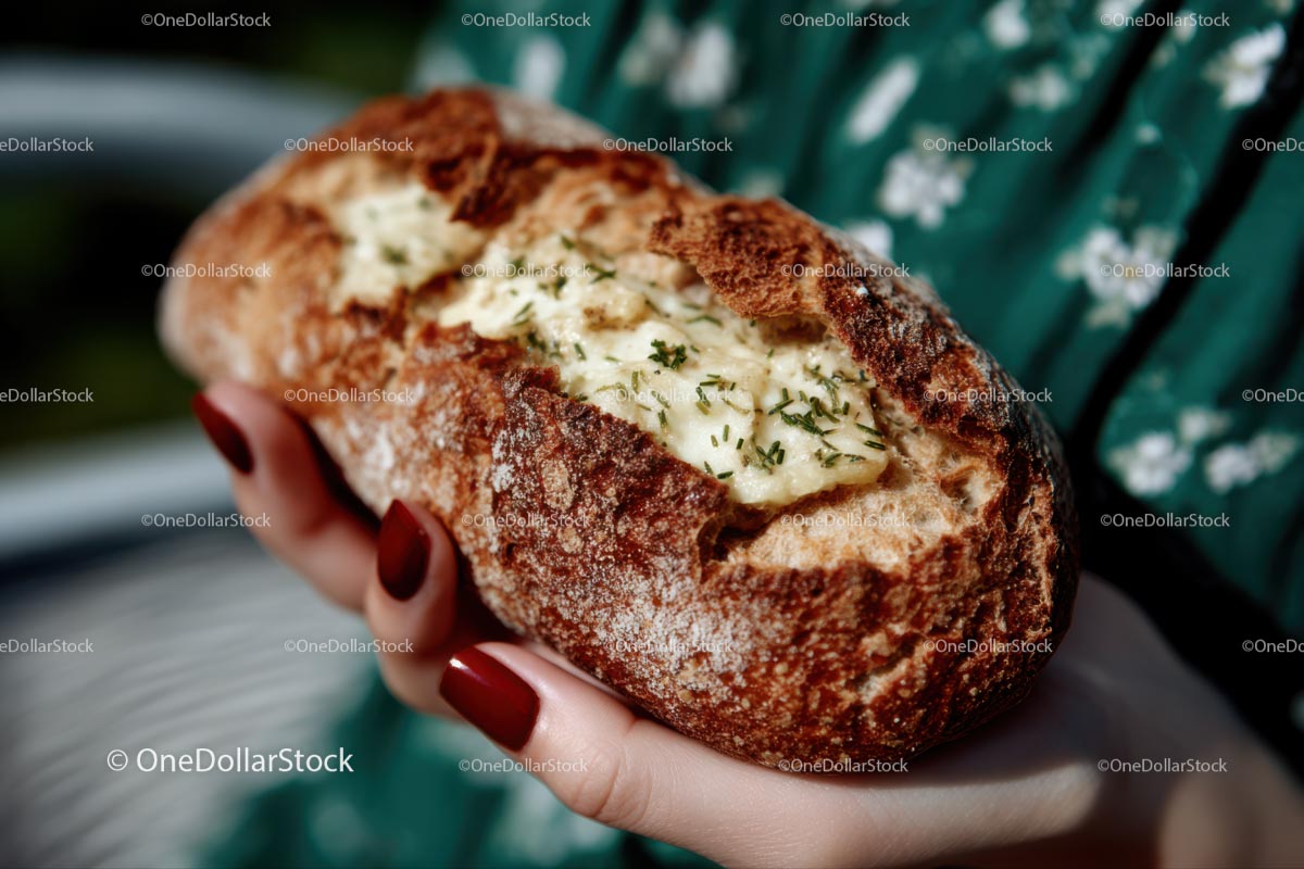 Rustic Artisan Bread with Garlic Butter in Hand