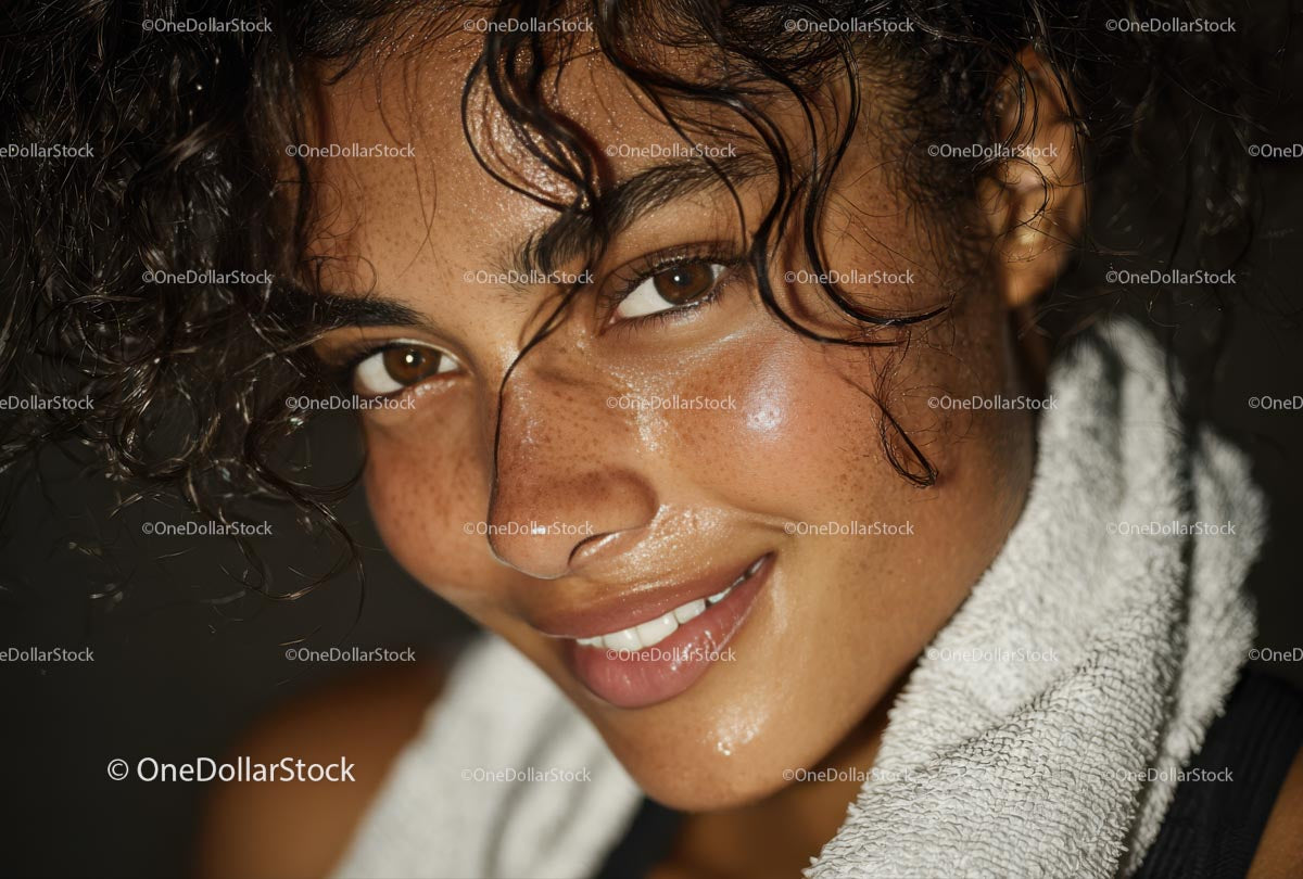 Radiant Woman with Glowing Skin and Curly Hair