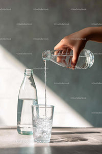 Pouring Water into a Glass with Sunlit Reflections