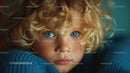 Close-Up Portrait of a Child with Blonde Curls and Blue Eyes