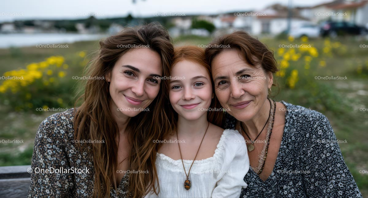 Three Generations Smiling Together in Scenic Meadow