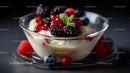 Vanilla Pudding with Fresh Berries and Mint Garnish