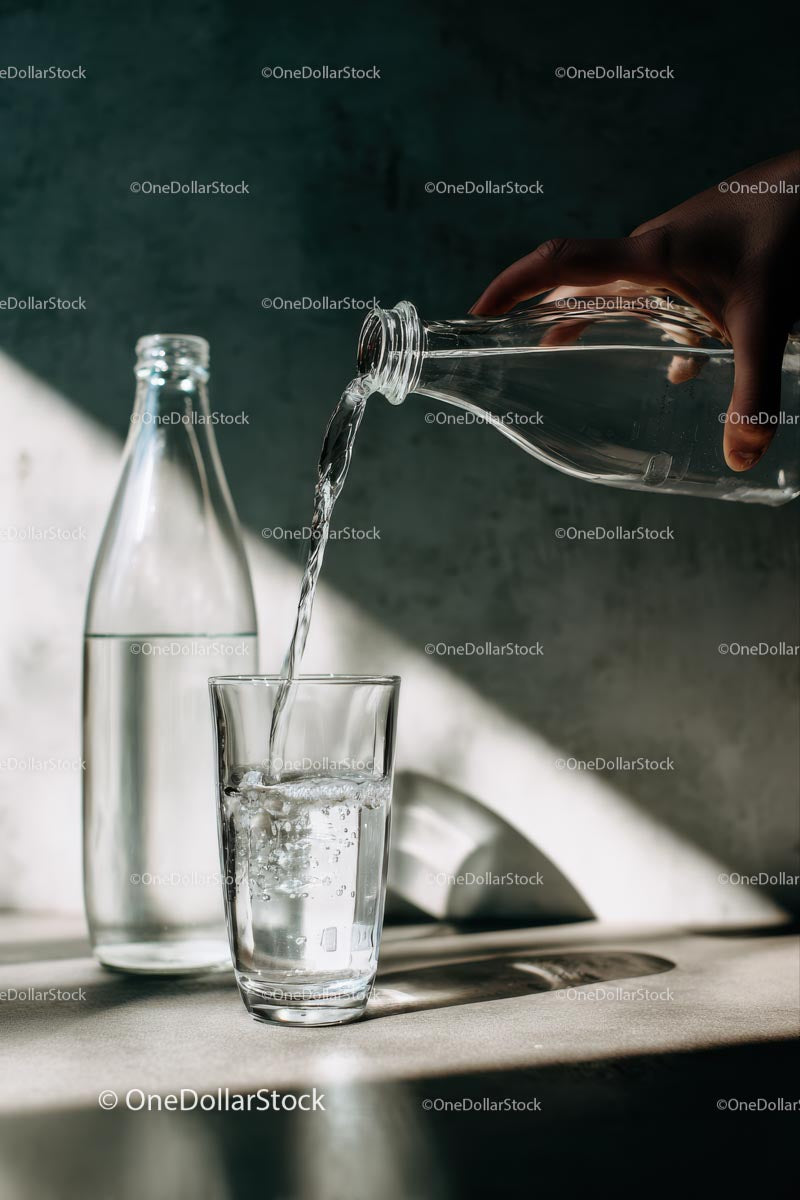 Pouring Water into Glass in Sunlit Kitchen