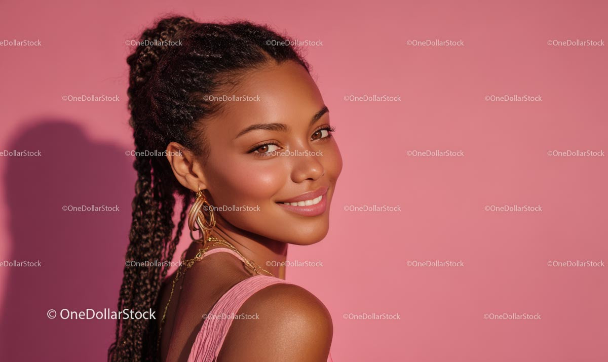 Happy Female with Braids against a Rose-Colored Background