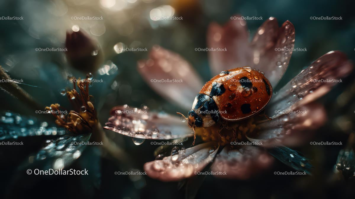 Ladybug on Dew-Covered Flower Petals in Morning Light