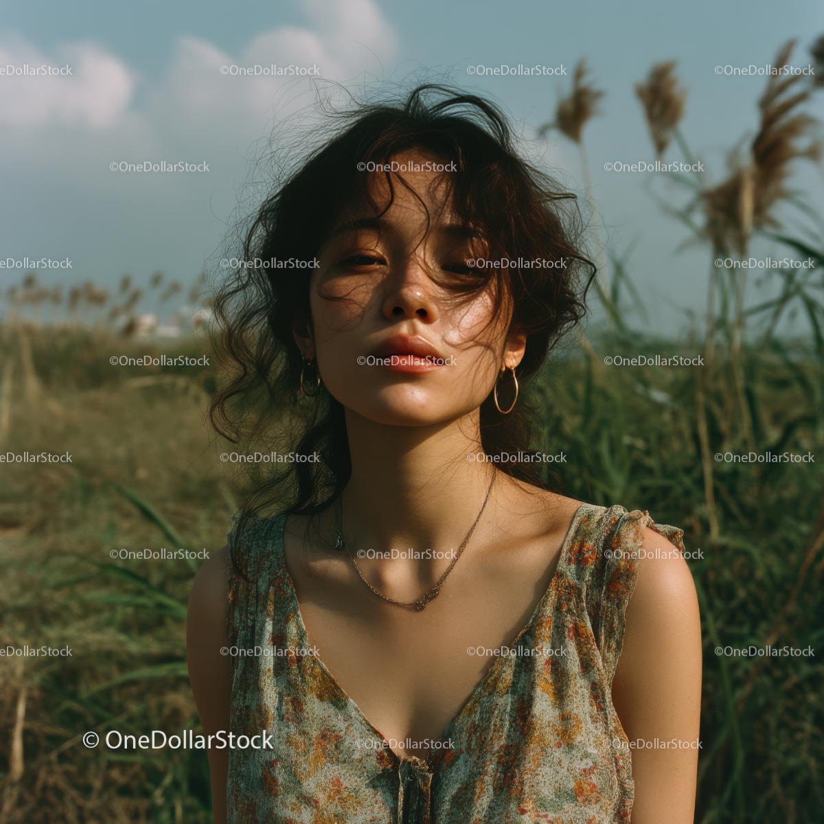 Bohemian Woman Standing in Serene Countryside Field