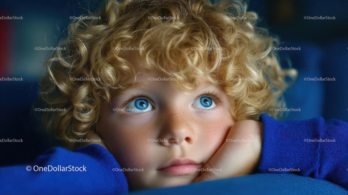Curly-haired Child with Bright Blue Eyes in Thoughtful Pose