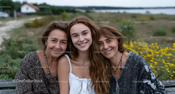 Smiling Women of Three Generations in a Natural Setting
