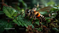 Macro Shot of Honeybee on Lush Green Leaves