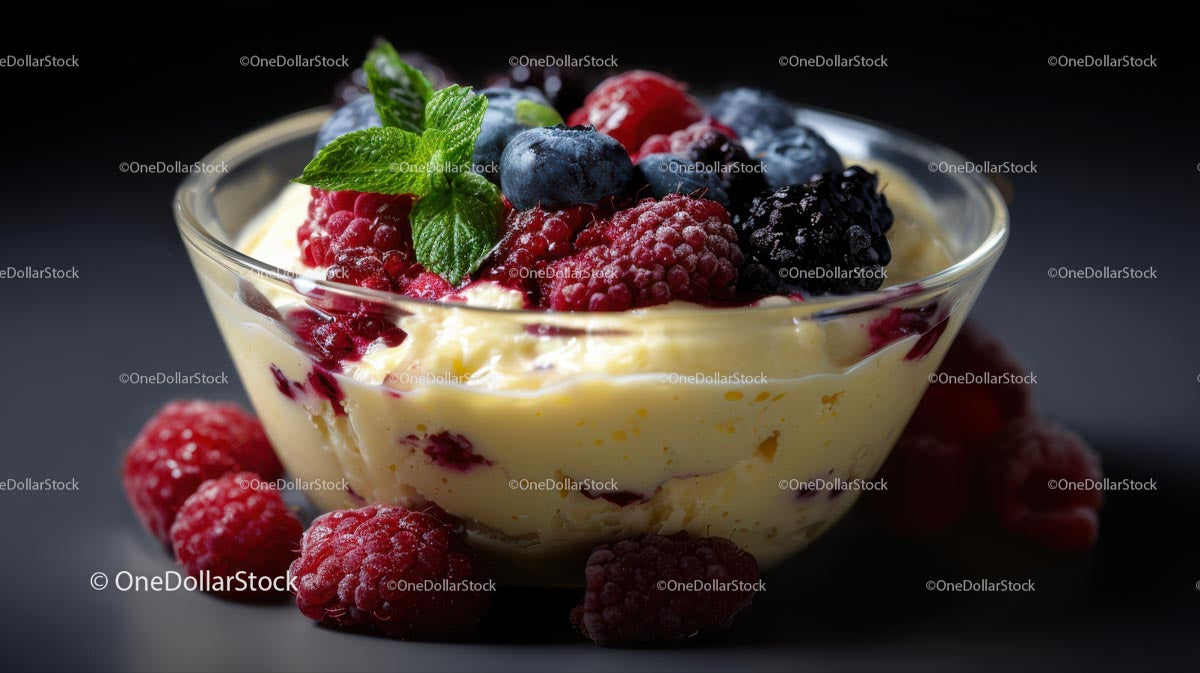 Mixed Berries and Mango in Creamy Yogurt with Mint