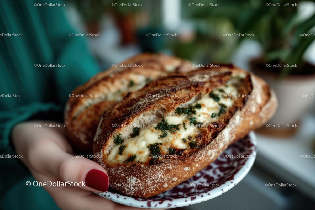 Artisan Cheesy Garlic Bread on Decorative Plate