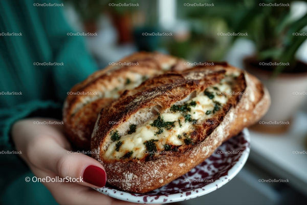 Artisan Cheesy Garlic Bread on Decorative Plate