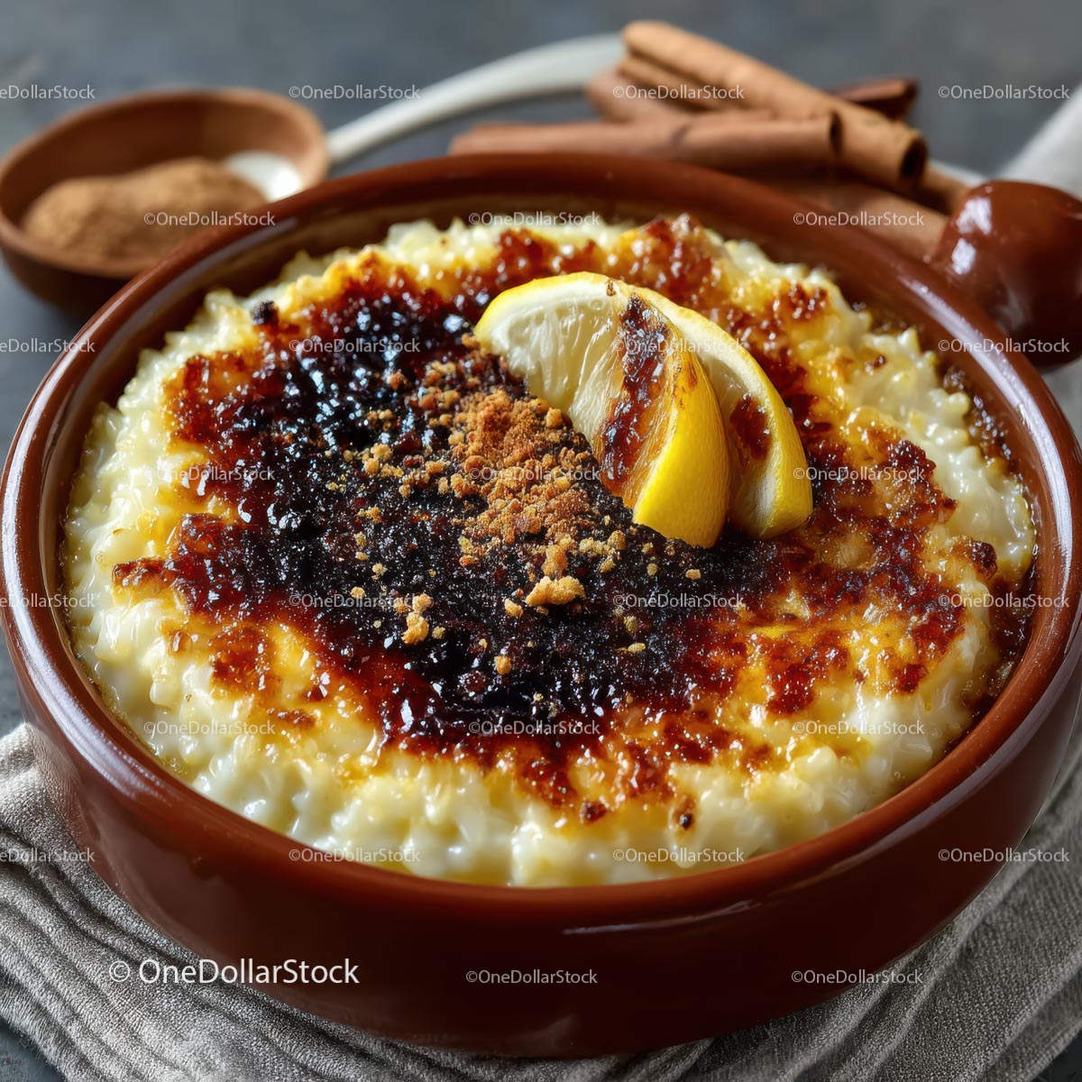 Traditional Baked Rice Pudding with Lemon Garnish